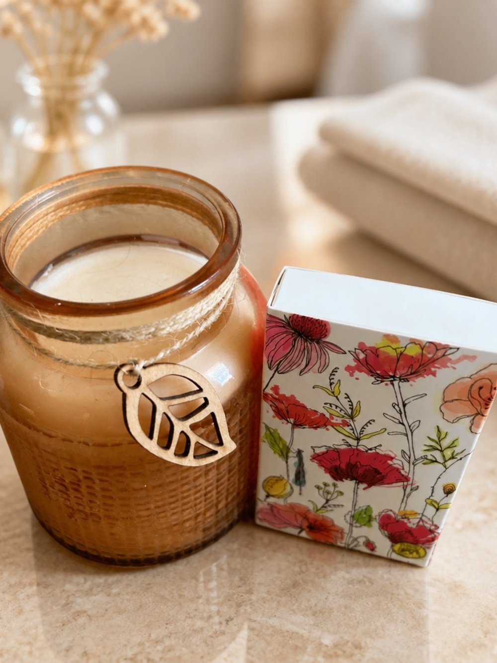 Amber Glass Jar Candle with Floral Box